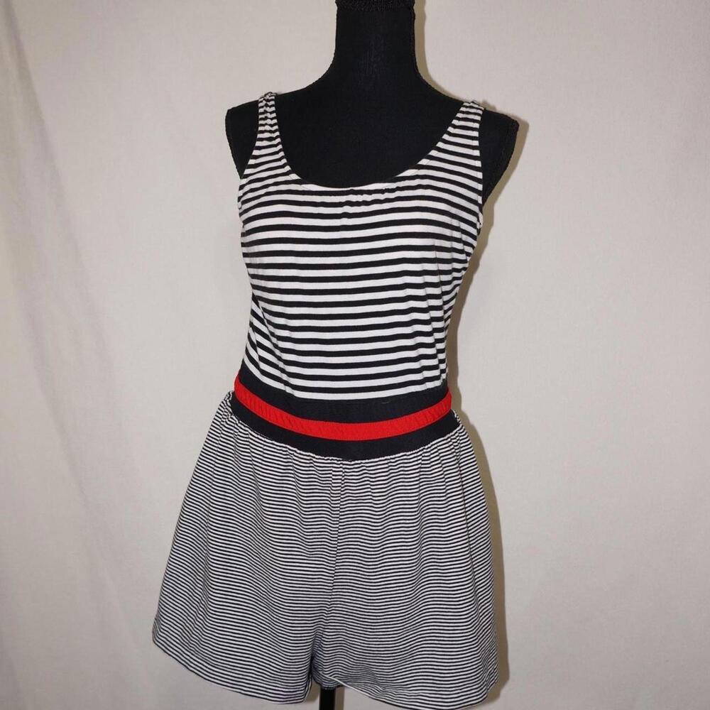 major retro vibes with this bold black and white striped vintage romper